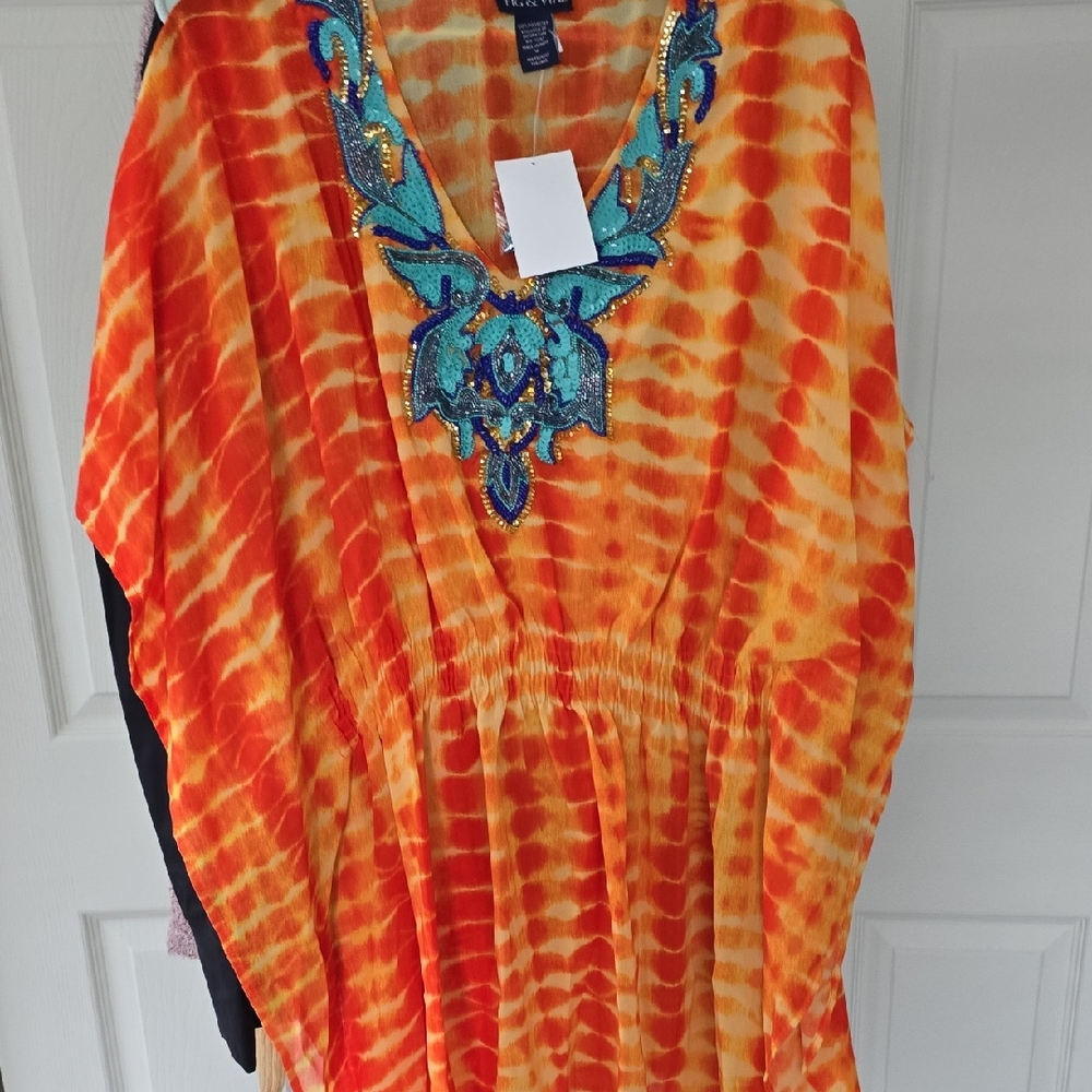 Orange Tie-Dye Tunic with Blue Embroidery